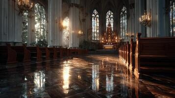 Beautiful interior of a gothic cathedral illuminated by sunset with reflections on polished floor photo