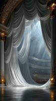 Elegant theater curtains part to reveal a stunning stage illuminated by soft beams of light photo