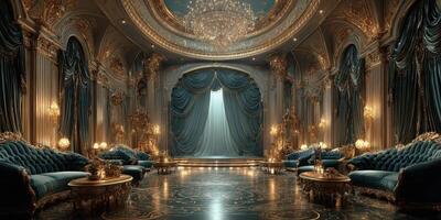 Lavish ballroom adorned with golden accents and luxurious furniture in an elegant setting photo