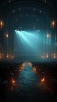 Mysterious vintage theater illuminated by soft blue lights with empty seats awaiting the next audience experience photo