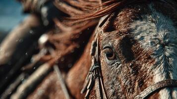 Close-up view of a horse's eye and mane during a sunny day on a ranch, showcasing the animal's detail and beauty in nature photo