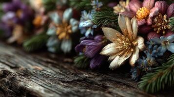 Colorful arrangement of flowers and foliage on a rustic wooden surface with intricate details and textures photo