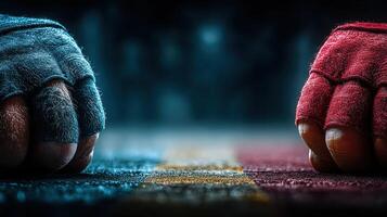Boxing gloves in red and blue poised for action in an intense sporting match at a gym photo