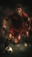 Soccer player in intense action during a match on a field under dramatic lighting photo