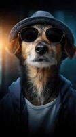 Stylish dog wearing sunglasses and hat poses confidently, showcasing a cool demeanor in an urban setting during the evening photo