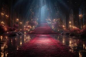 Majestic staircase illuminated by soft light with pink blooms and shimmering reflections in an enchanted setting photo
