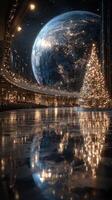 Holiday celebration features a large Christmas tree and a view of Earth in a grand venue photo