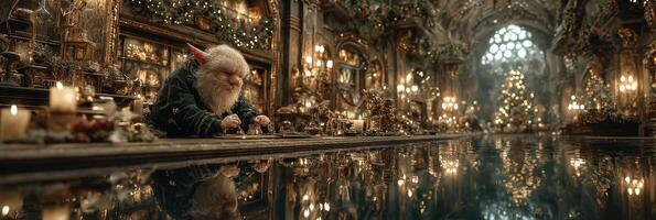 Craftsman working on intricate toys in a magical workshop surrounded by warm light and holiday decorations photo