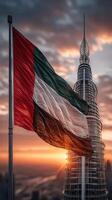 UAE flag waving at sunset near iconic tower in Dubai showcasing national pride and modern architecture photo