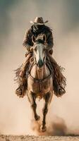 Rider on horseback spiritedly gallops through dusty terrain under a bright sky in the afternoon light photo