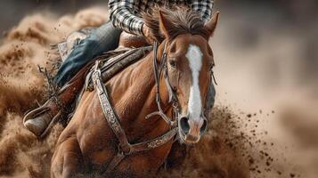 Rider expertly navigates through dust on a galloping horse during an equestrian event in a rural setting photo