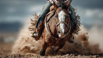 Galloping horse with rider kicking up dust under cloudy skies at sunset photo