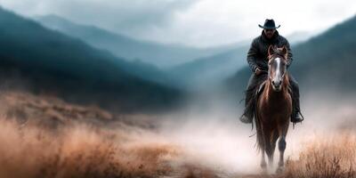 Horse rider navigates through misty mountains at dawn in a serene landscape photo