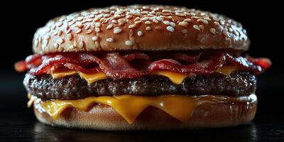 Juicy burger with bacon and melted cheese served on a sesame seed bun in a dark setting photo