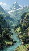 Majestic mountain landscape with a serene river flowing through lush valleys and towering peaks at daytime photo