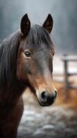 Majestic brown horse gazes calmly in a misty pasture surrounded by soft snowfall photo