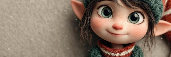 Smiling animated elf character wearing a knitted sweater and hat, with festive decorations in the background during winter season photo