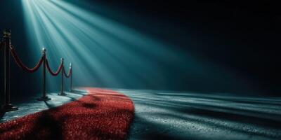 Red carpet entrance illuminated by dramatic light creates an elegant atmosphere for special events and celebrations photo