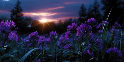 Colorful purple flowers bloom under a vibrant sunset in a peaceful field with butterflies fluttering around photo