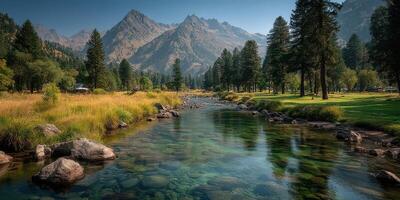 Serene mountain landscape with a clear stream and lush greenery during midday photo