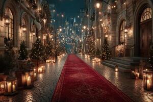 Festive holiday pathway illuminated by lights and lined with Christmas trees in a charming city setting at night photo