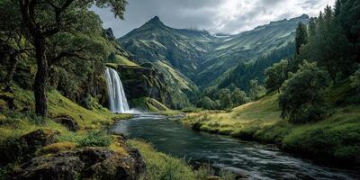 Stunning waterfall cascades down lush green mountains in a serene valley under cloudy skies at dusk photo