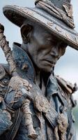 Detailed sculpture of a warrior with traditional attire and ornate designs in an outdoor setting during daylight photo
