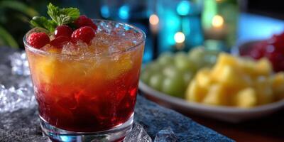 Delicious layered fruit cocktail served on ice with vibrant colors in a relaxed setting photo
