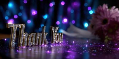 Elegant thank you decoration with sparkling lights and flowers captured during a festive celebration at night photo