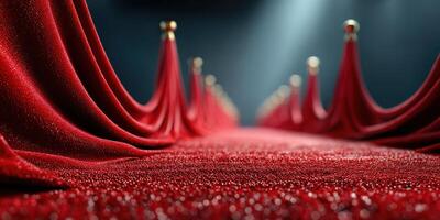 Red carpet setting with elegant drapery for a glamorous event at night photo