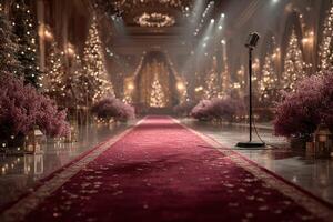 Elegant evening event with a red carpet and festive decorations showcasing a microphone on stage photo