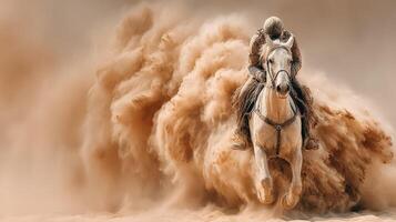 Rider on a galloping white horse creating a dust cloud in a desert landscape during sunset photo