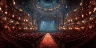 Elegant theater interior with red velvet seats and dramatic stage lights in preparation for a grand performance photo