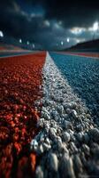 Vibrant racetrack close-up captures the colors and textures of the asphalt under dramatic lighting photo