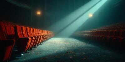 Empty theater with red seats illuminated by a beam of light creating an atmospheric setting in the evening photo