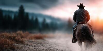 Cowboy riding a horse through a rustic landscape at sunset near a forest photo