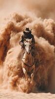 Cowboy riding a horse through a cloud of dust on a ranch at sunset, capturing the essence of wild west adventure photo