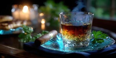 Warm evening with whiskey, cigar, and soft candle light in a cozy home setting photo
