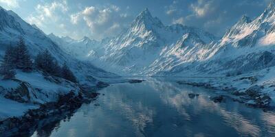 Majestic snowy mountains reflecting in a serene river at dusk in a tranquil alpine landscape photo