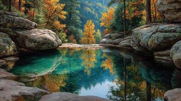Serene autumn landscape with vibrant foliage reflecting in calm waters near rocky shores photo