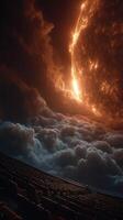 Spectacular celestial view featuring an enormous sun rising over a dramatic cloudscape at dusk photo