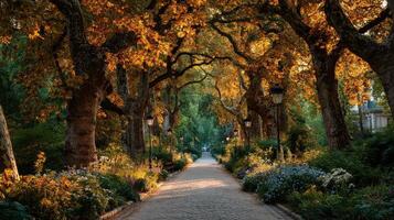 Autumn pathway lined with golden trees and blooming flowers in a serene garden setting during late afternoon photo