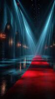 Red carpet event in an elegant hall with dramatic lighting and reflections photo