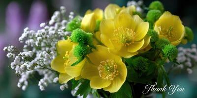 Bright yellow flowers arranged beautifully in a bouquet, expressing gratitude with a heartfelt message photo