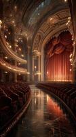 Elegant theater interior showcasing ornate architecture and dramatic stage with red curtains, inviting a captivating performance atmosphere photo