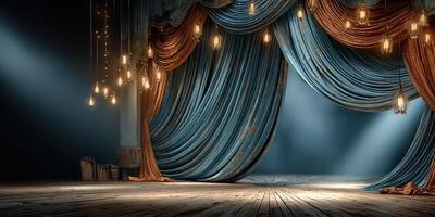 Stage with dramatic curtains and warm lighting creating an inviting atmosphere for theatrical performances in a cozy venue photo