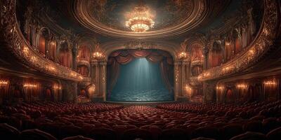 Opulent theater interior with grand stage and ornate decorations during a performance at twilight photo