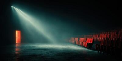 Light beams through an open door in an empty theater with red seats creating an eerie atmosphere at night photo