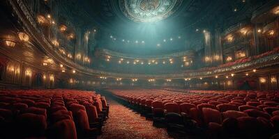 Majestic vintage theater with red velvet seats and elegant chandeliers illuminated by soft light during an evening performance photo