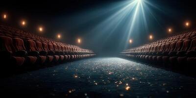 Empty theater awaits performance as spotlight illuminates the stage after the audience leaves photo